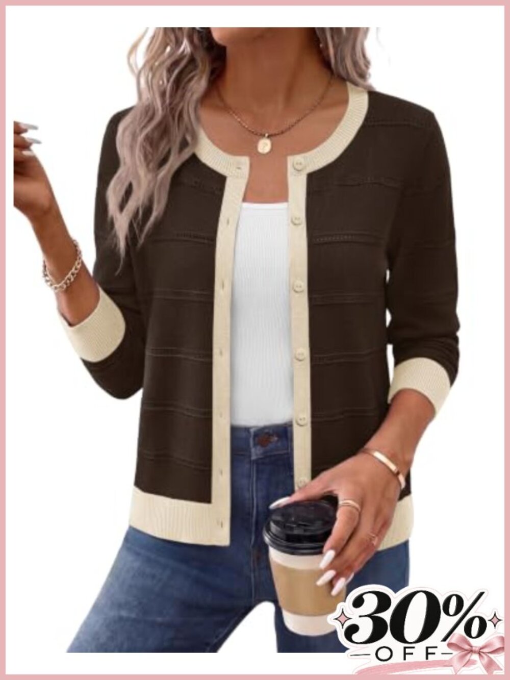 Hollow Out Knit Crewneck Button Cardigan Sweater for Women Fall Layering